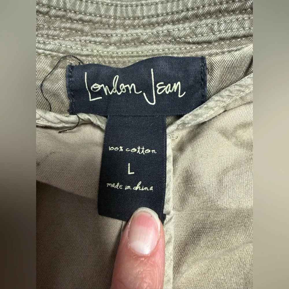 LONDON Jean Olive dyed distressed cropped double breasted utility Jacket size L - Picture 12 of 15